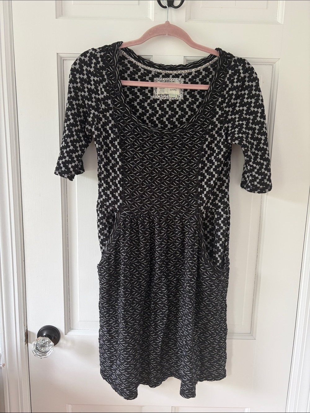 Black & White Patterned Midi Dress with Scoop Neck